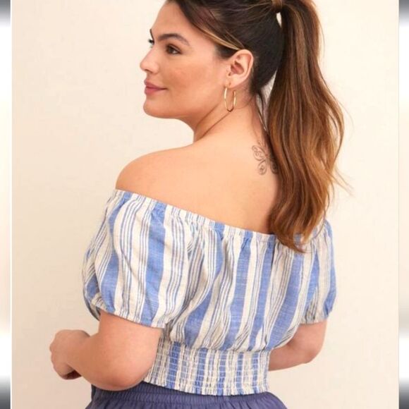 New Torrid Linen Striped Off Shoulder Crop Top 5 5X - Picture 2 of 12